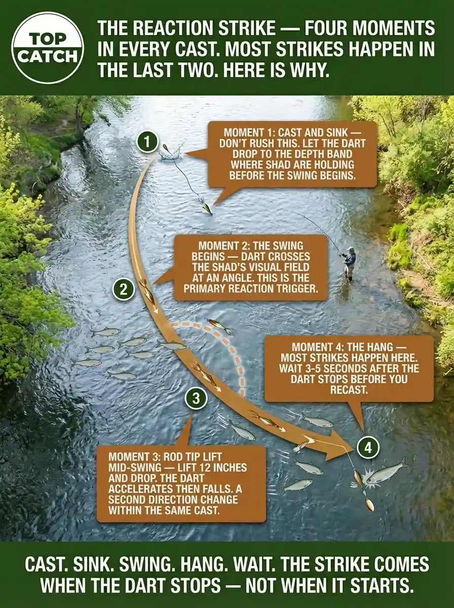 The Reaction Strike infographic showing the four moments of the shad dart swing — cast and sink, swing begins, deceleration, and the hang — with hickory shad near the surface striking at the hang position in a tidal river, and the rod-tip-lift technique creating a secondary reaction trigger within the same cast.
