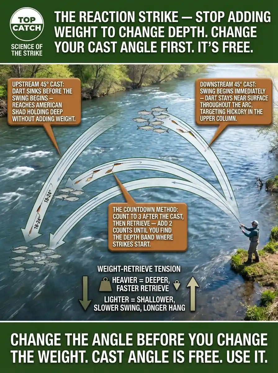 The Reaction Strike infographic showing how cast angle controls shad dart depth — three swing arc flow lines from upstream 45 degrees (deep, targeting American shad) through straight across (mid-depth) to downstream 45 degrees (near surface, targeting hickory shad) in a tidal river.