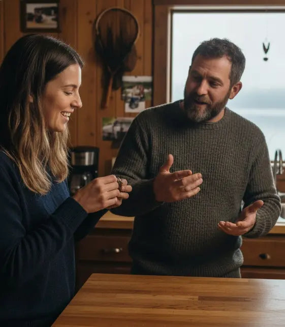 image angler telling a fish story to his girlfriend who purchased the FATKAT rig that landed the big river monster
