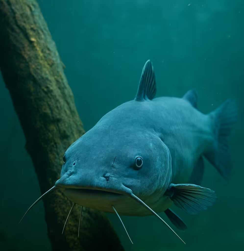 A winter blue catfish suspended in a deep hole near structure off the bottom