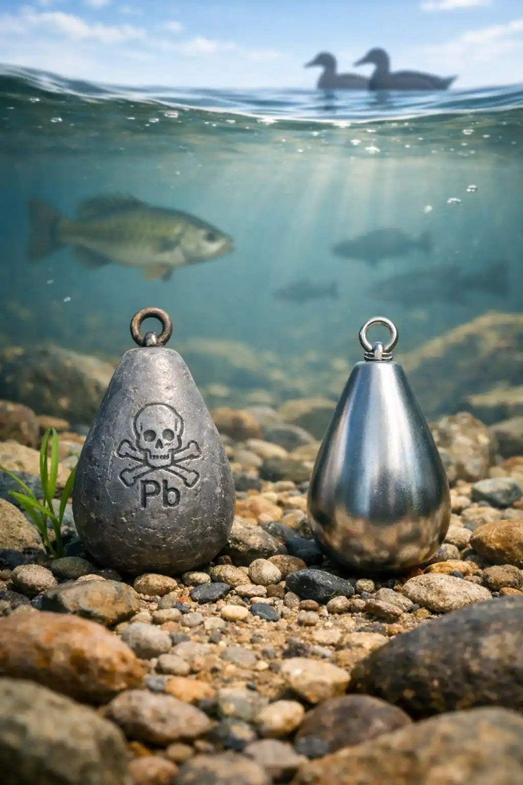 Underwater image showing traditional poisonous lead fishing sinker versus eco-friendly lead-free fishing gear