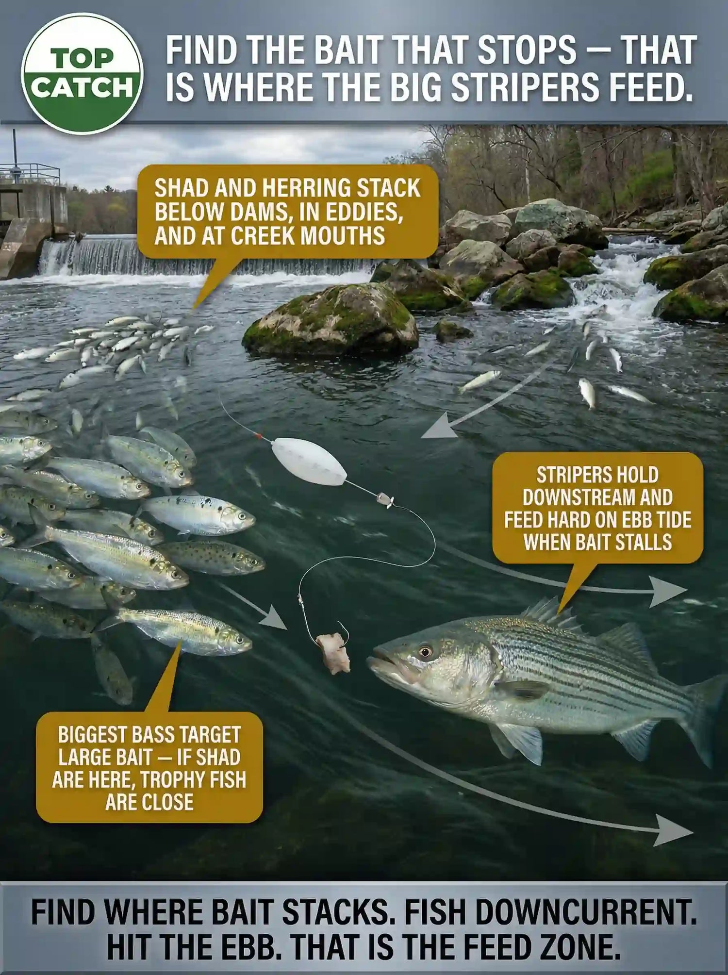 Striped bass waits downstream as shad and herring stack near rocks and dam, with bait drifting into a current seam feeding zone.