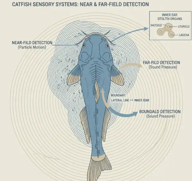 Diagram comparing catfish lateral line vibration detection with inner ear sound detection