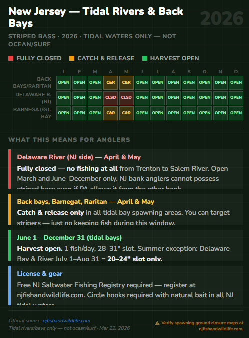 New Jersey tidal river and back bay striped bass season calendar 2026 showing Raritan Bay and Barnegat Bay catch and release only April and May, Delaware River fully closed April and May, harvest open all other months with a 28 to 31 inch slot and a reduced 20 to 24 inch summer slot on Delaware Bay waters July through August.