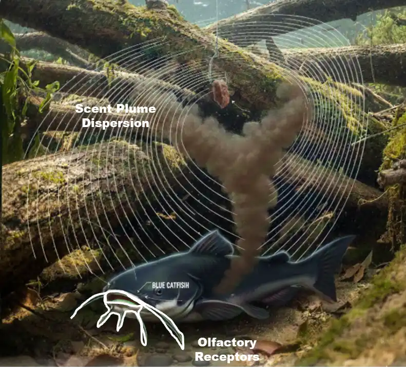 Sonar image showing suspended winter blue catfish in a deep channel.