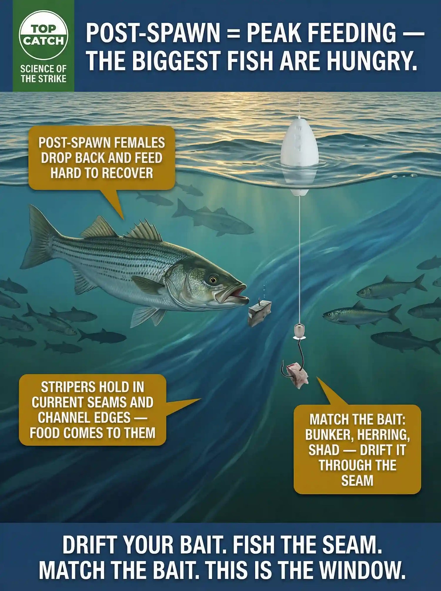 Science of the Strike infographic showing striped bass lateral line biology — illuminated canal neuromasts guiding final approach to a tumbling drift rig presentation in tidal current, with nonuniform pressure field visible around naturally oscillating cut shad bait.