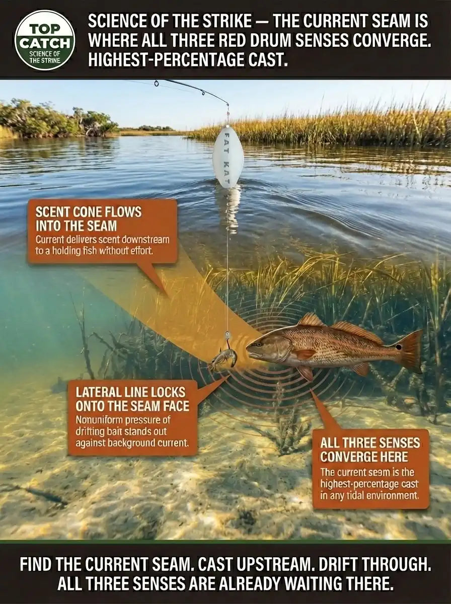 Science of the Strike infographic showing how tidal current reshapes all three red drum hunting senses simultaneously at a tidal creek current seam — aerial perspective with amber scent cone, lateral line pressure field, and visual silhouette all converging at the seam edge where a FATKAT Drift Rig drifts naturally from a shore-based angler upstream.