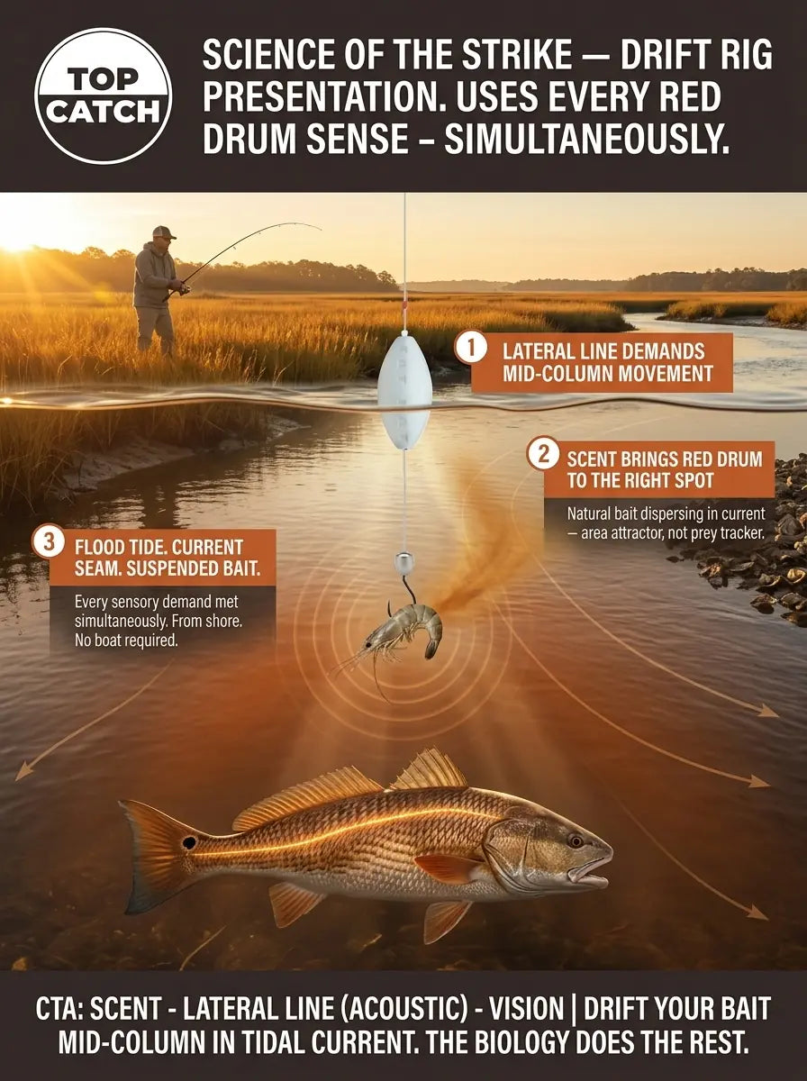 Science of the Strike infographic showing the complete red drum presentation checklist — all four sensory systems simultaneously activated by a FATKAT Drift Rig with live shrimp mid-column in tidal creek current seam, with lateral line pressure field dominant, amber scent gradient downstream, acoustic wave rings, and surface silhouette all visible as a bronze-copper red drum with single black tail spot makes its committed final approach toward a shore-based angler's bait.