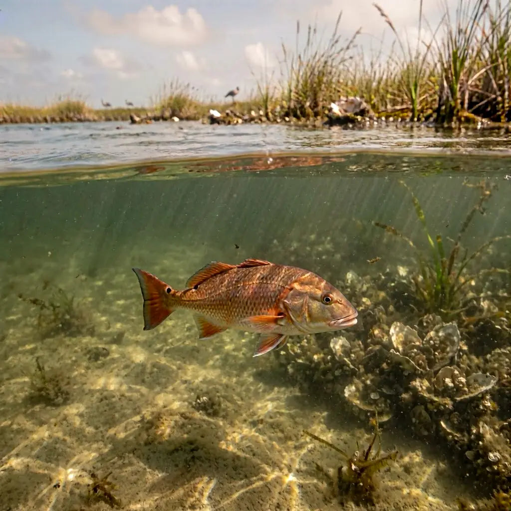 A red drum cruises for food in South Carolina wetlands