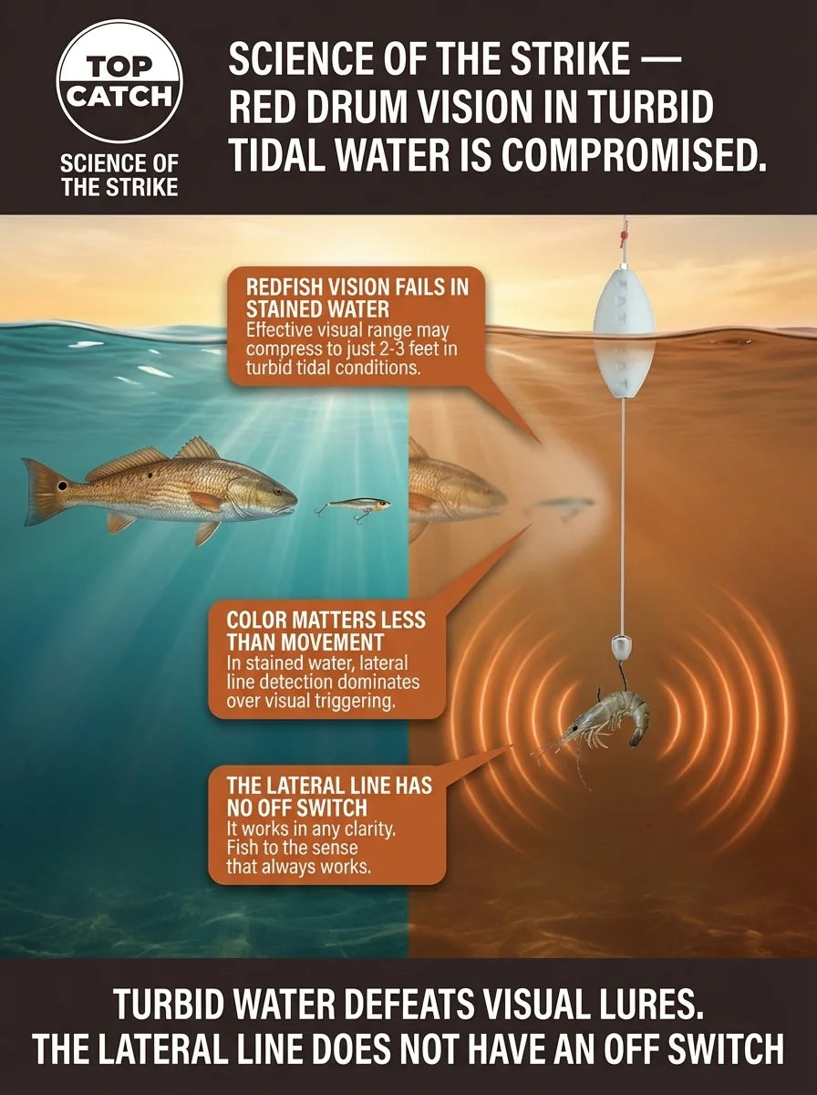 Science of the Strike infographic showing red drum vision limitations in turbid Atlantic coast tidal water — split frame comparing clear water visual range versus stained tidal creek conditions where visual field is compressed to 2-3 feet, with lateral line pressure field fully active around FATKAT Drift Rig where vision fails.