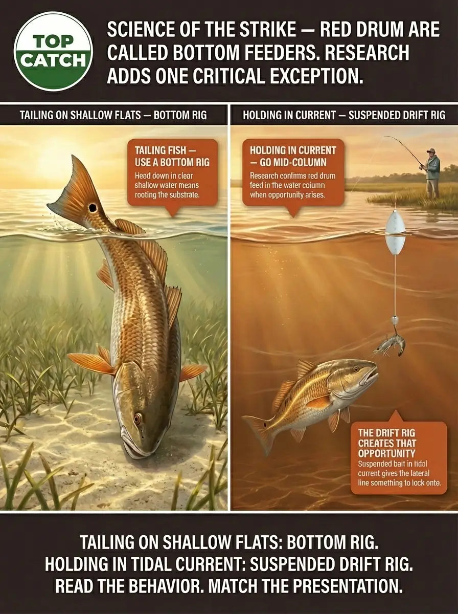 Science of the Strike infographic showing red drum feeding behavior in two tidal environments — split frame comparing tailing behavior with correct bottom rig presentation in shallow clear grass flats versus mid-column current interception with FATKAT Drift Rig in tidal creek channels, establishing the biology-based decision framework for presentation selection.