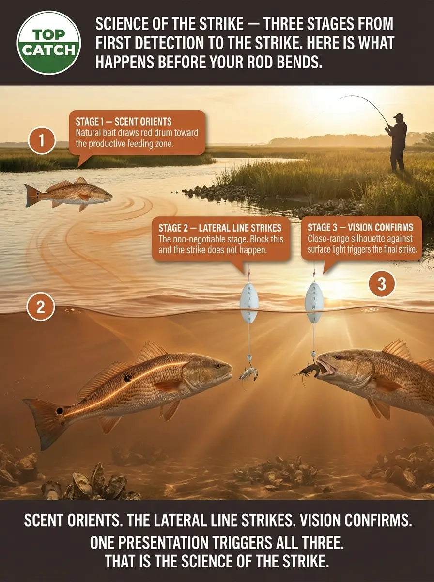 Science of the Strike infographic showing the complete three-stage red drum hunting sequence — Stage 1 scent area orientation with amber chemical gradient, Stage 2 lateral line targeting with fully illuminated lateral line locked on oscillating bait, Stage 3 visual confirmation and strike on FATKAT Drift Rig mid-column, with shore angler rod bending at the strike moment in tidal creek water.