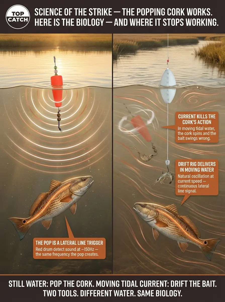 Science of the Strike infographic showing the lateral line biology behind popping corks versus suspended drift rigs for red drum — split frame comparing still water popping cork creating lateral line pressure pulse versus moving tidal current where FATKAT Drift Rig delivers continuous natural lateral line signal that the popping cork cannot replicate.