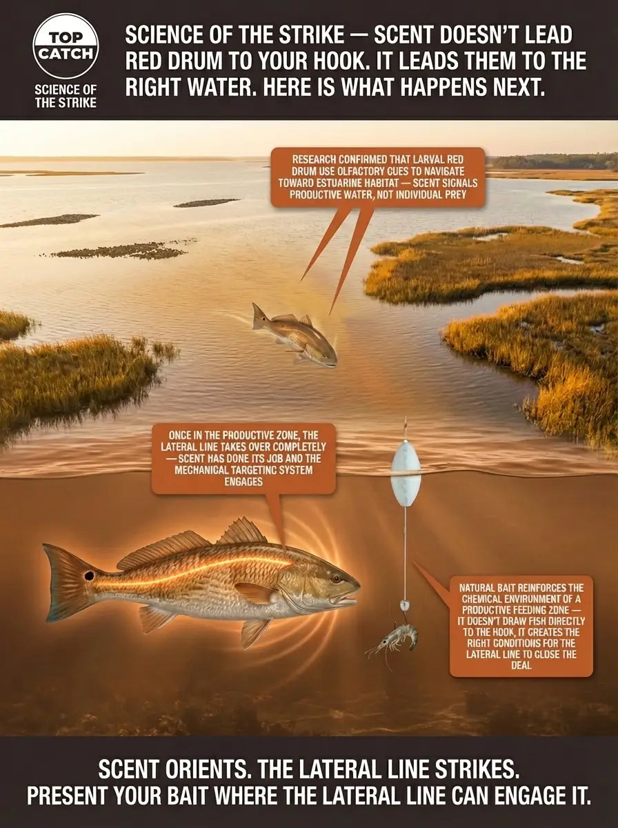 Science of the Strike infographic showing the two distinct roles of scent for red drum — habitat navigation toward productive tidal creek water in the background approach zone versus lateral line targeting in the foreground strike zone, with FATKAT Drift Rig suspended mid-column where the lateral line closes the deal.