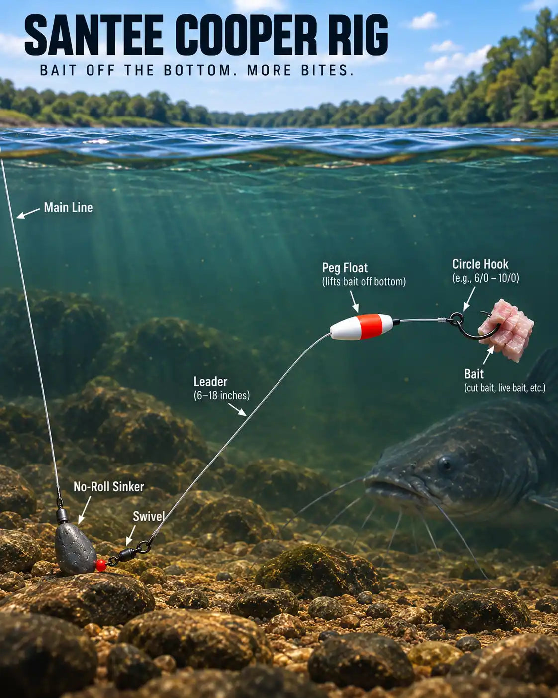 Illustration of Santee Rig lifting bait slightly off the bottom.