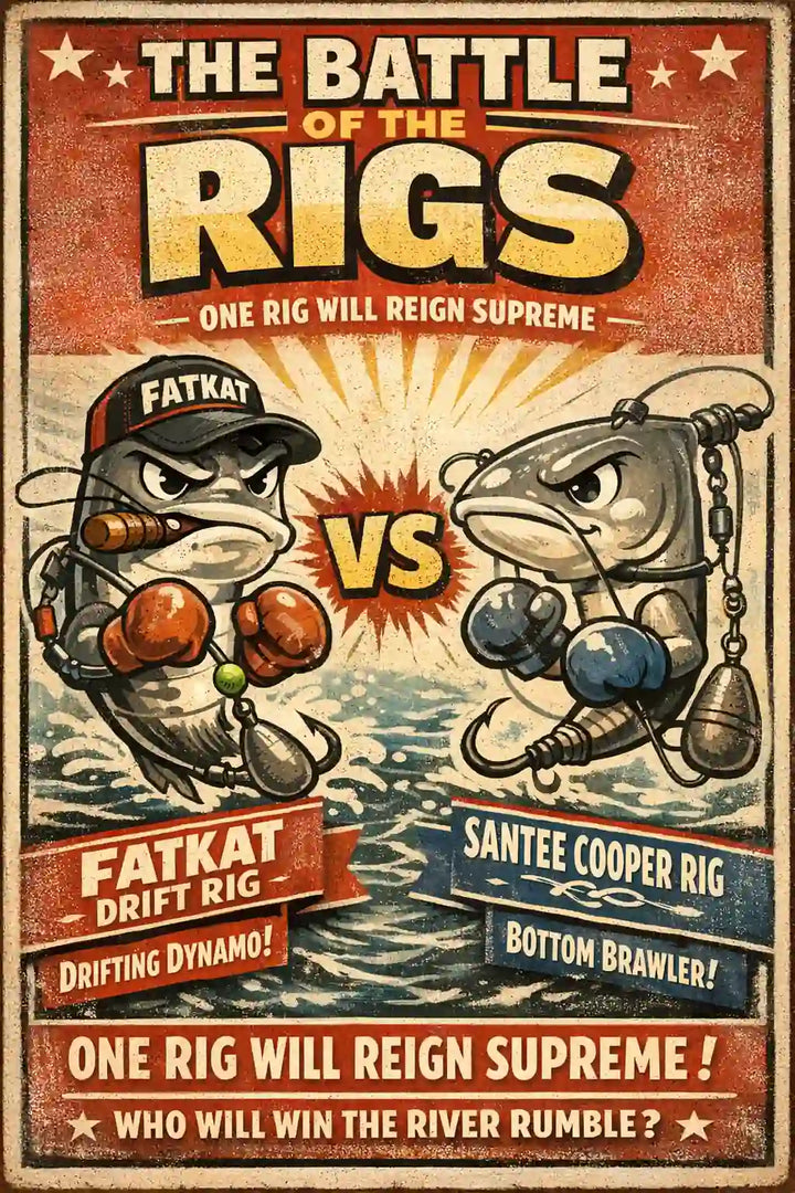 Vintage-style fight poster titled 'The Battle of the Rigs' showing a head-to-head showdown between the FATKAT Drift Rig and the Santee Cooper Rig in a river setting. Cartoon-style rigs are depicted as fighters with boxing gloves and tackle, emphasizing the ultimate catfish fishing challenge. Which rig is best for drifting, bottom fishing, or catching river catfish? One rig will reign supreme!