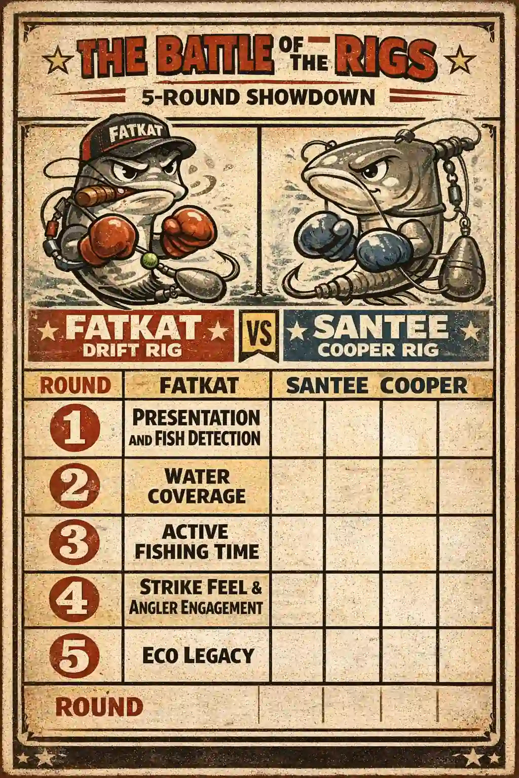 Vintage-style 5-round fight card poster titled 'The Battle of the Rigs – 5-Round Showdown' featuring the FATKAT Drift Rig vs the Santee Cooper Rig. The scoring grid lists rounds for Presentation and Fish Detection, Water Coverage, Active Fishing Time, Strike Feel & Angler Engagement, and Eco Legacy. Cartoon-style rigs are shown as fighters at the top, emphasizing river catfish fishing performance, drift control, and angler engagement. A retro, weathered paper design highlights the head-to-head comparison of two top rigs for river catfish