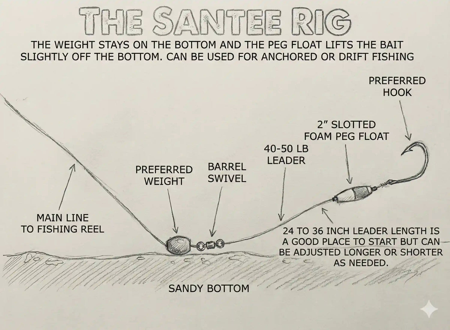 Illustration of Santee Rig lifting bait slightly off the bottom.