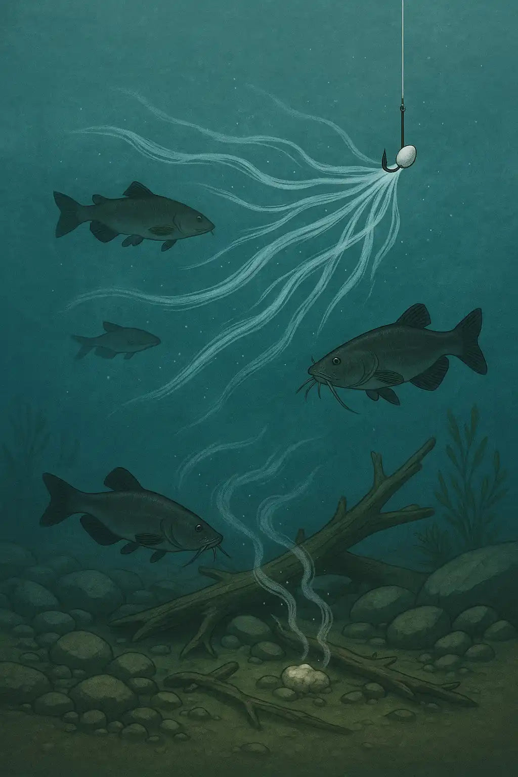 Underwater scientific illustration showing suspended bait creating long, filamentous downstream scent plumes in mid-water, while bottom-set bait produces short, chaotic odor patches trapped near the riverbed.