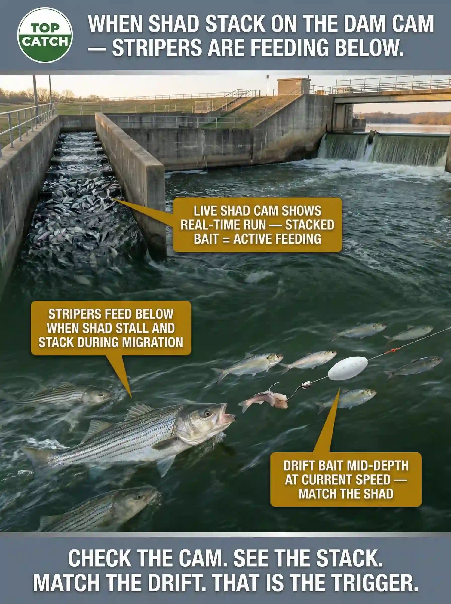 Shad stack at dam fish ladder while striped bass feed below; drift rig bait moves mid-depth with current matching bait movement.
