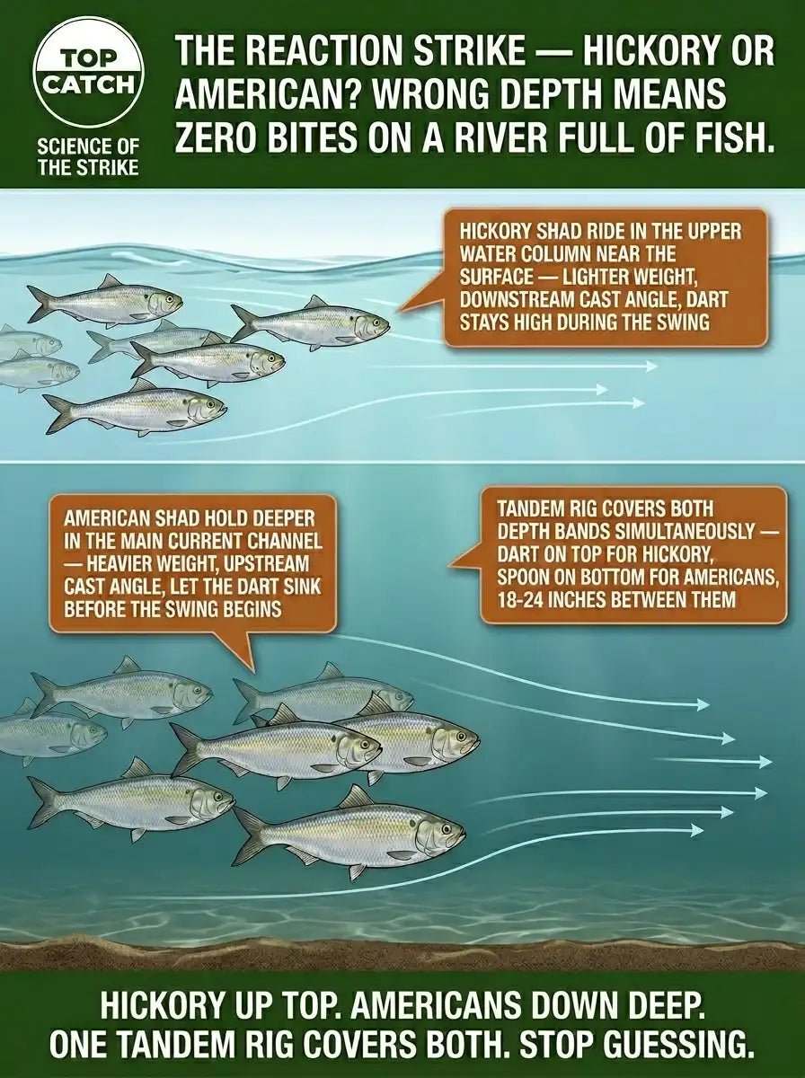 The Reaction Strike infographic showing the depth difference between hickory shad near the surface and American shad in the lower water column of a tidal river, with a tandem dart rig bridging both depth zones simultaneously and jaw comparison for field identification.