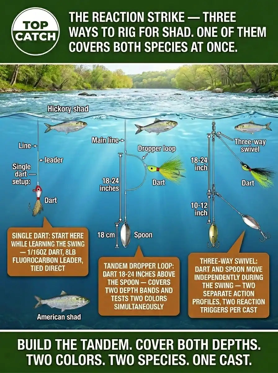 The Reaction Strike infographic showing shad dart color selection by water clarity — three-panel comparison of turbid, moderate, and clear spring tidal river conditions with dart color visibility and hickory shad near the surface reacting to the most visible presentation.