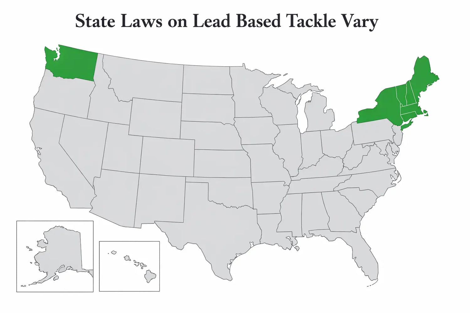 map showing that lead fishing weights are not banned nationwide in the United States