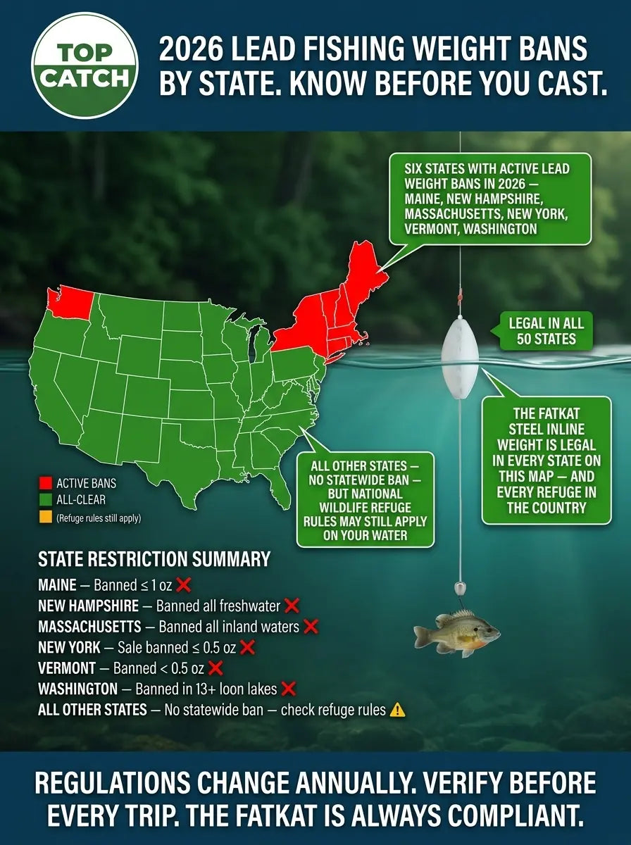 2026 lead fishing weight ban map showing active restrictions in Maine New Hampshire Massachusetts New York Vermont and Washington.