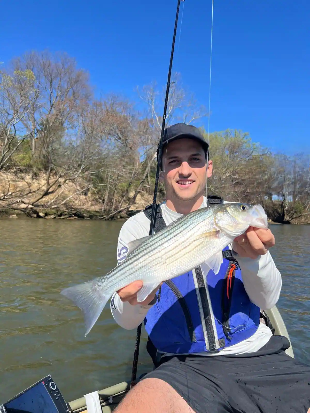 Picture of an angler with a small striped bass caught during the spring run on an eastern tidal river