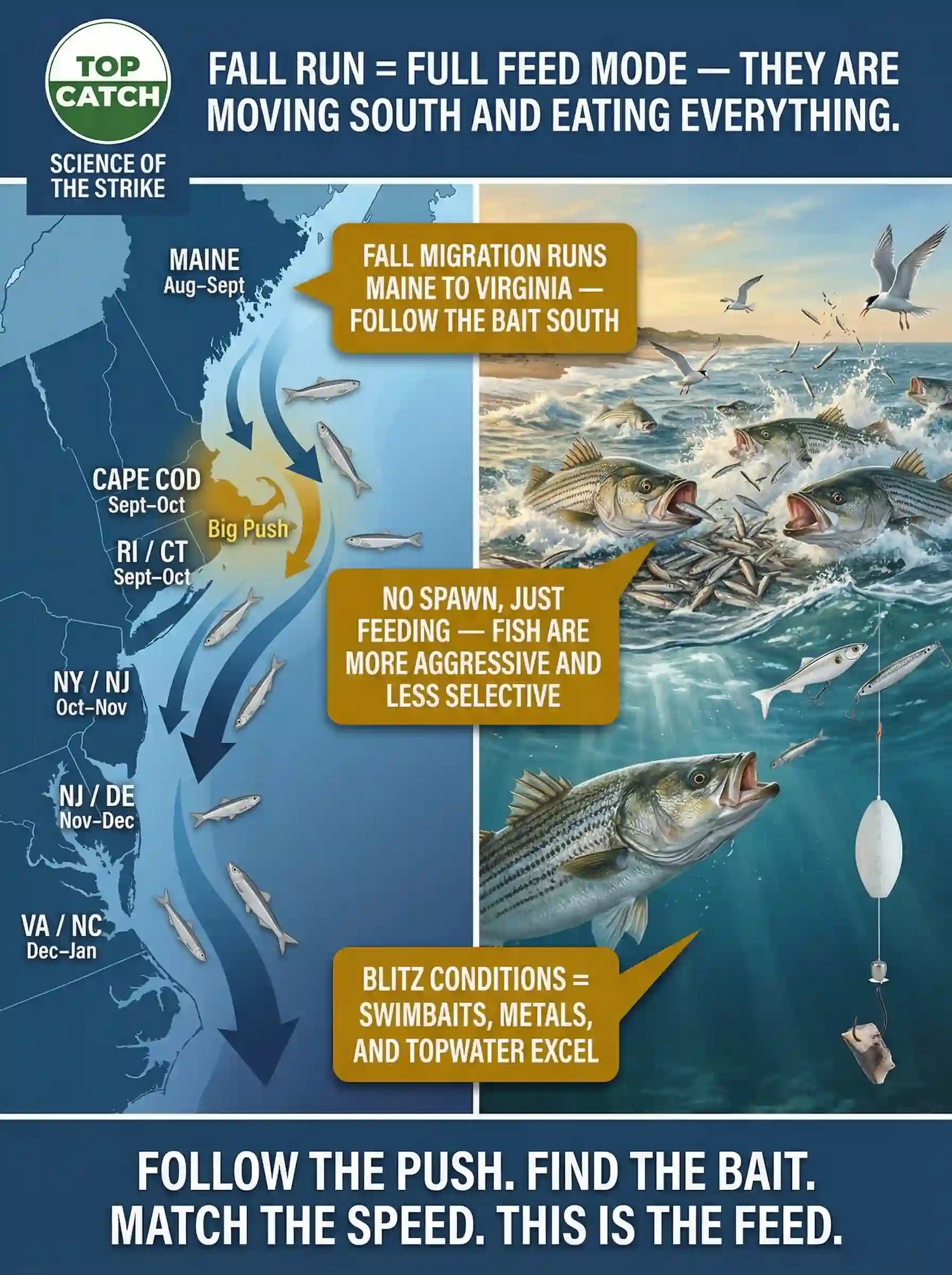 Split image shows striped bass migrating south along East Coast and feeding aggressively in fall blitzes on bait schools.
