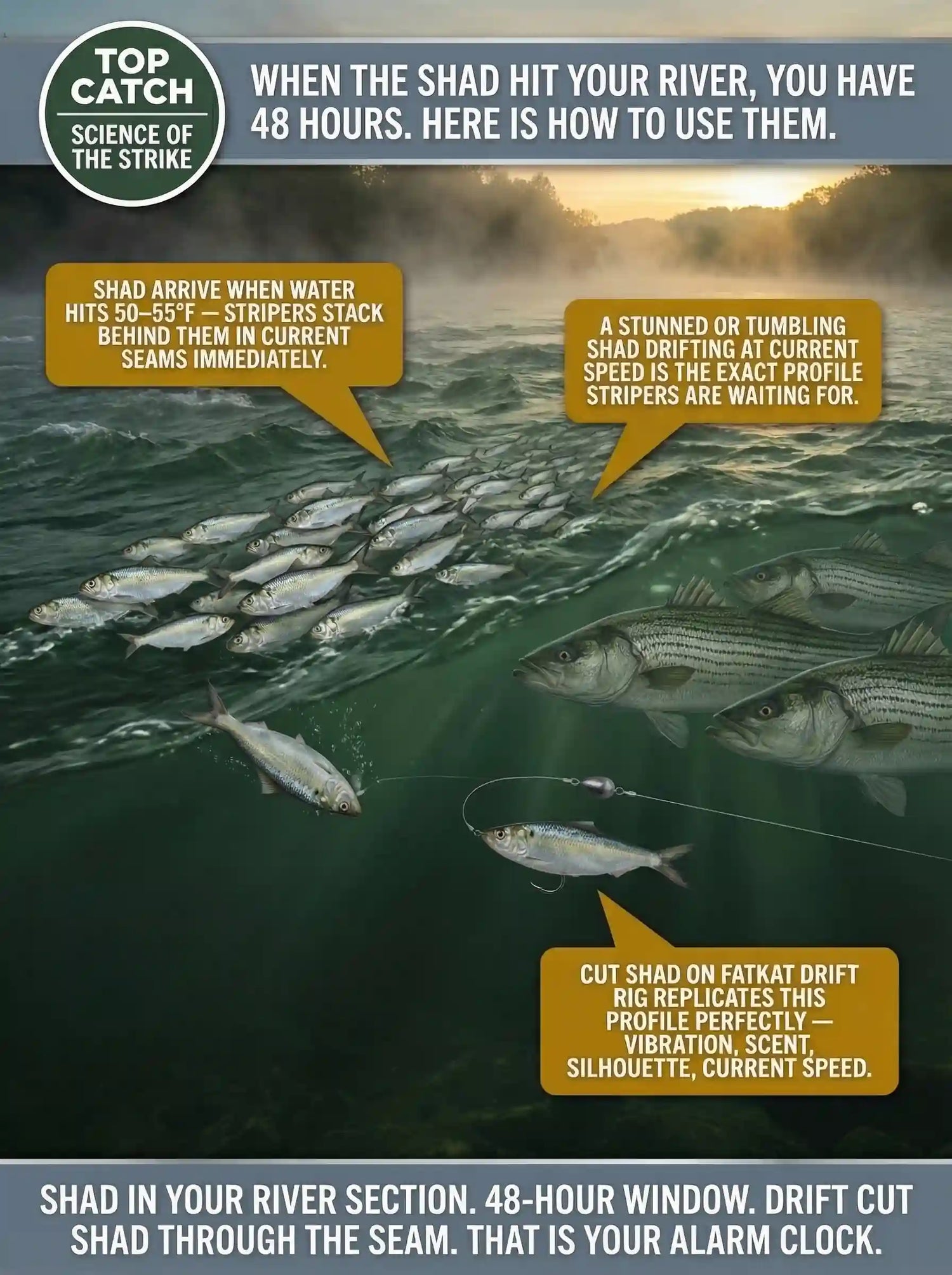 Infographic showing the connection between the spring shad migration and striped bass feeding windows in tidal rivers, with the 48-72 hour alarm clock concept and FATKAT Drift Rig presentation mimicking a tumbling shad in the current seam.