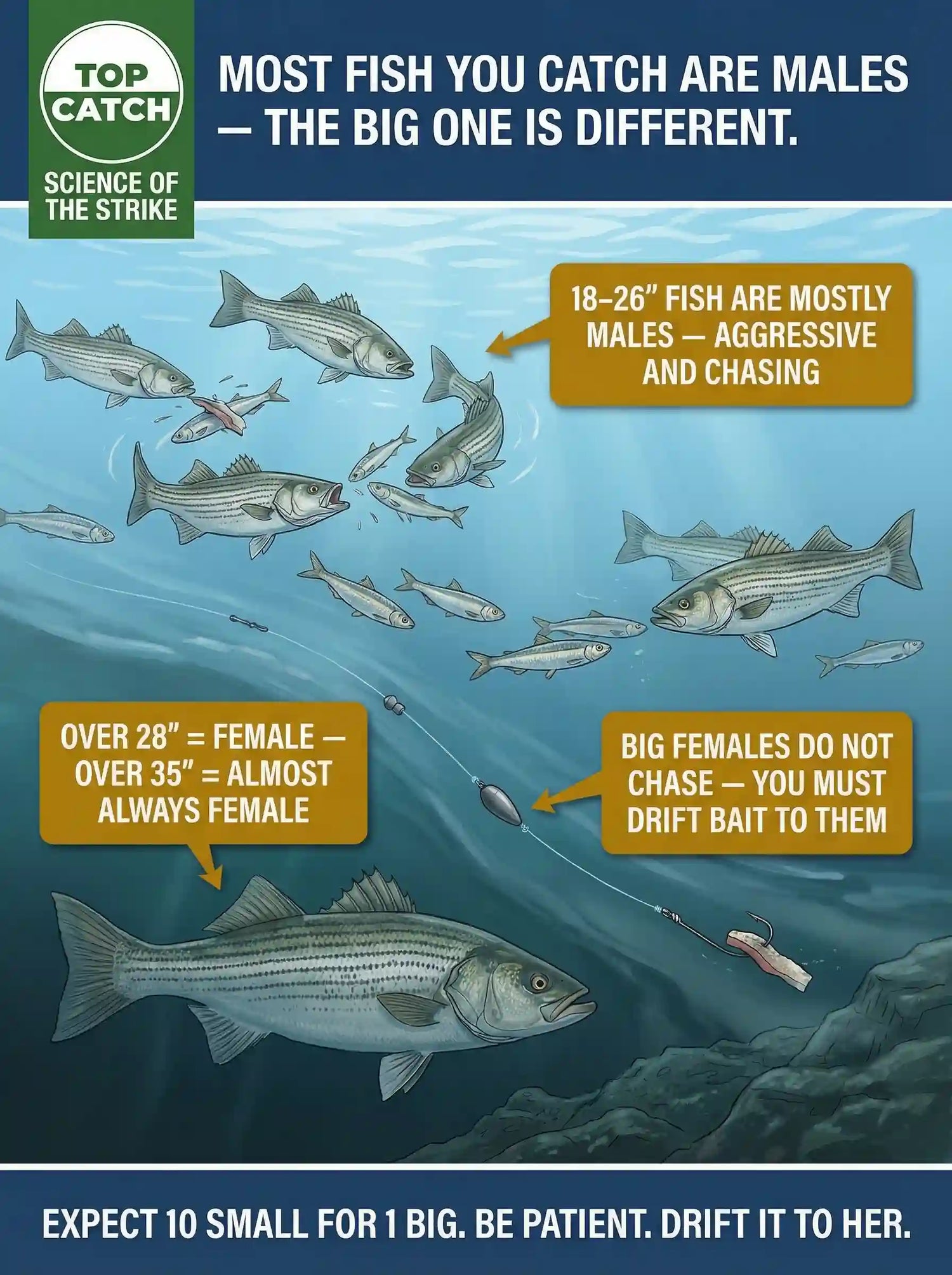 Small striped bass chase bait while a larger female holds deeper, taking a bait drifting slowly through the current.