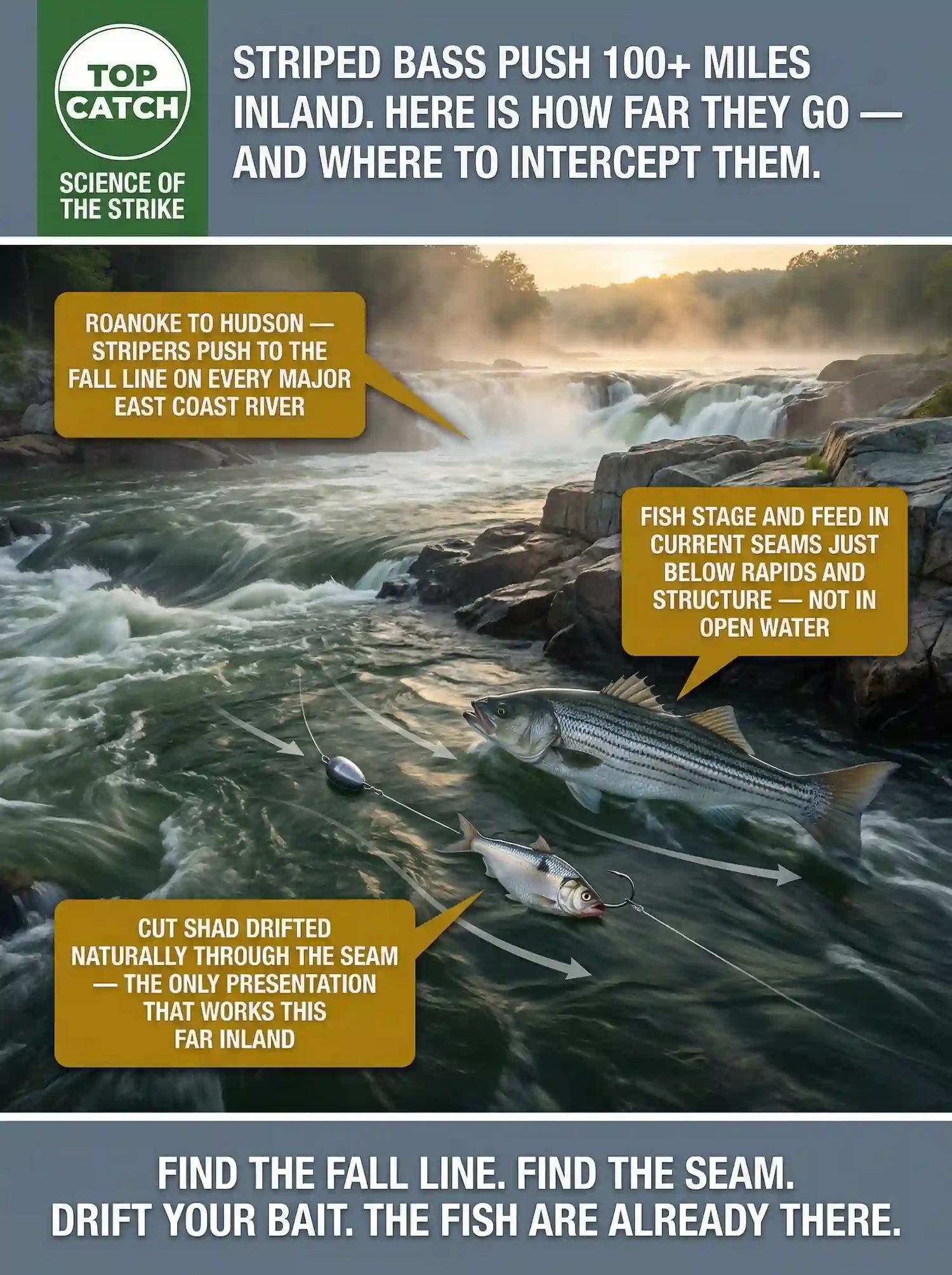 Infographic showing how far striped bass migrate inland during the spring run, with river-by-river fall line locations and FATKAT Drift Rig presentation in a tidal river current seam.