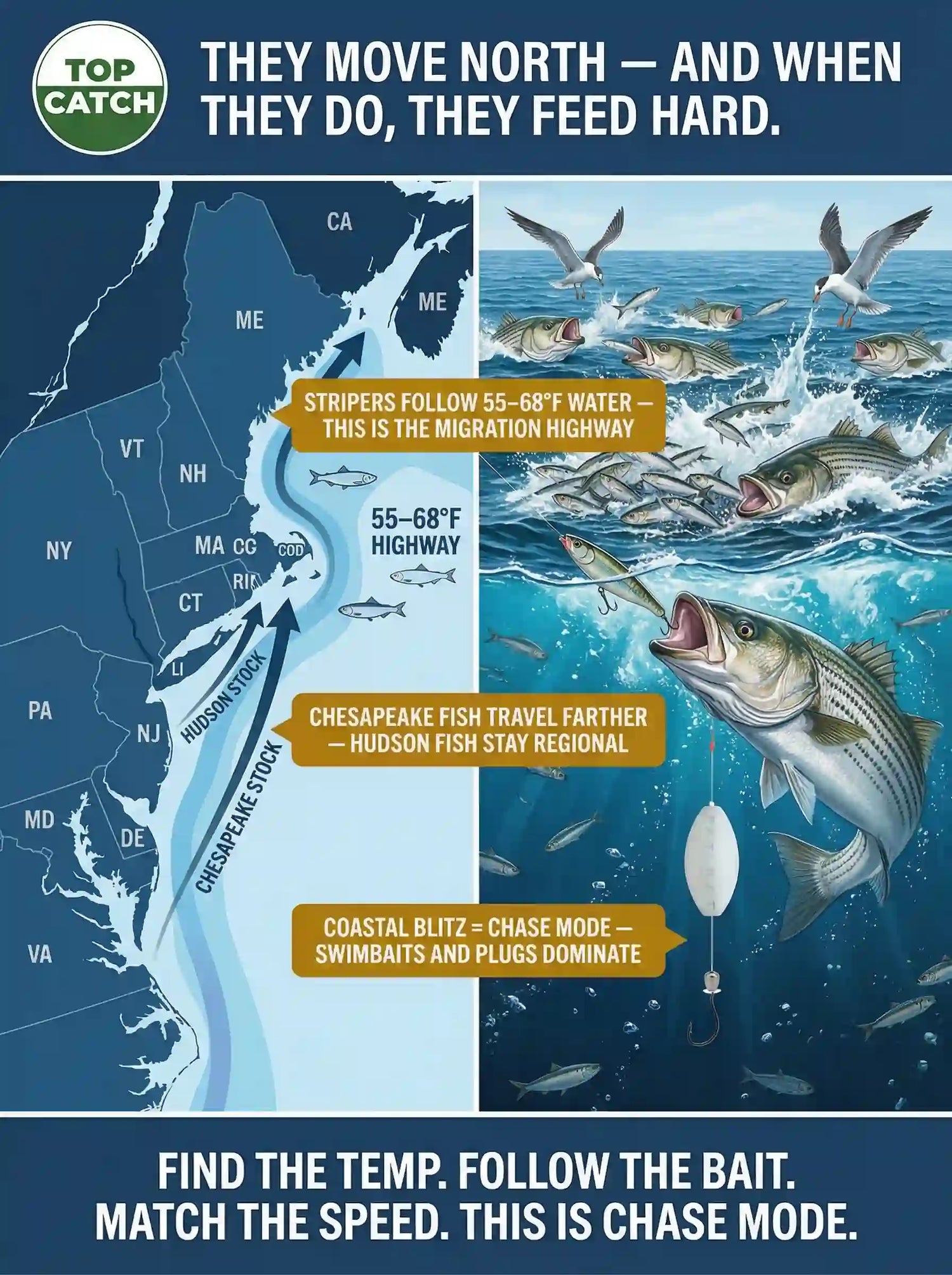 Split image shows striped bass migrating north along East Coast and feeding aggressively in coastal blitzes chasing bait.