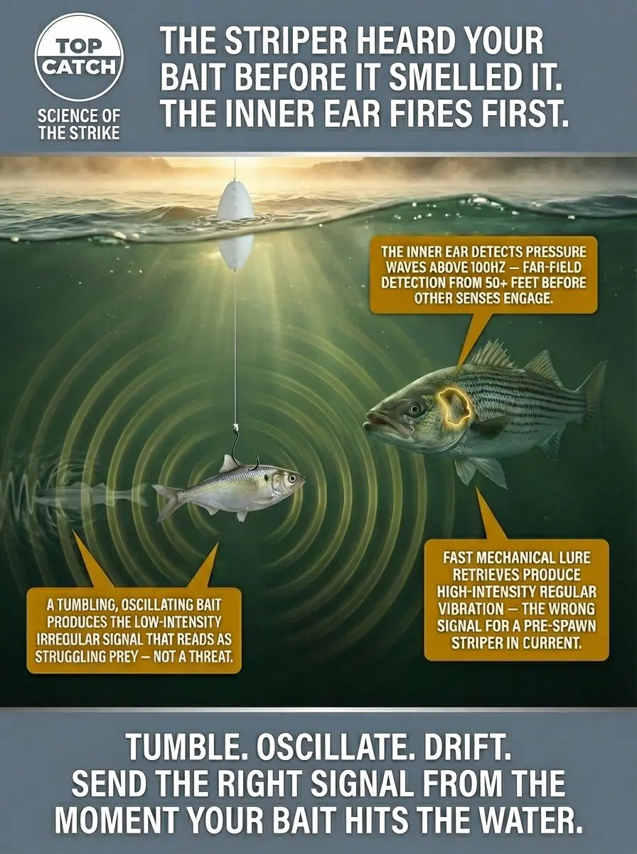 Infographic showing the striped bass detecting movement before it's smelling senses kick in