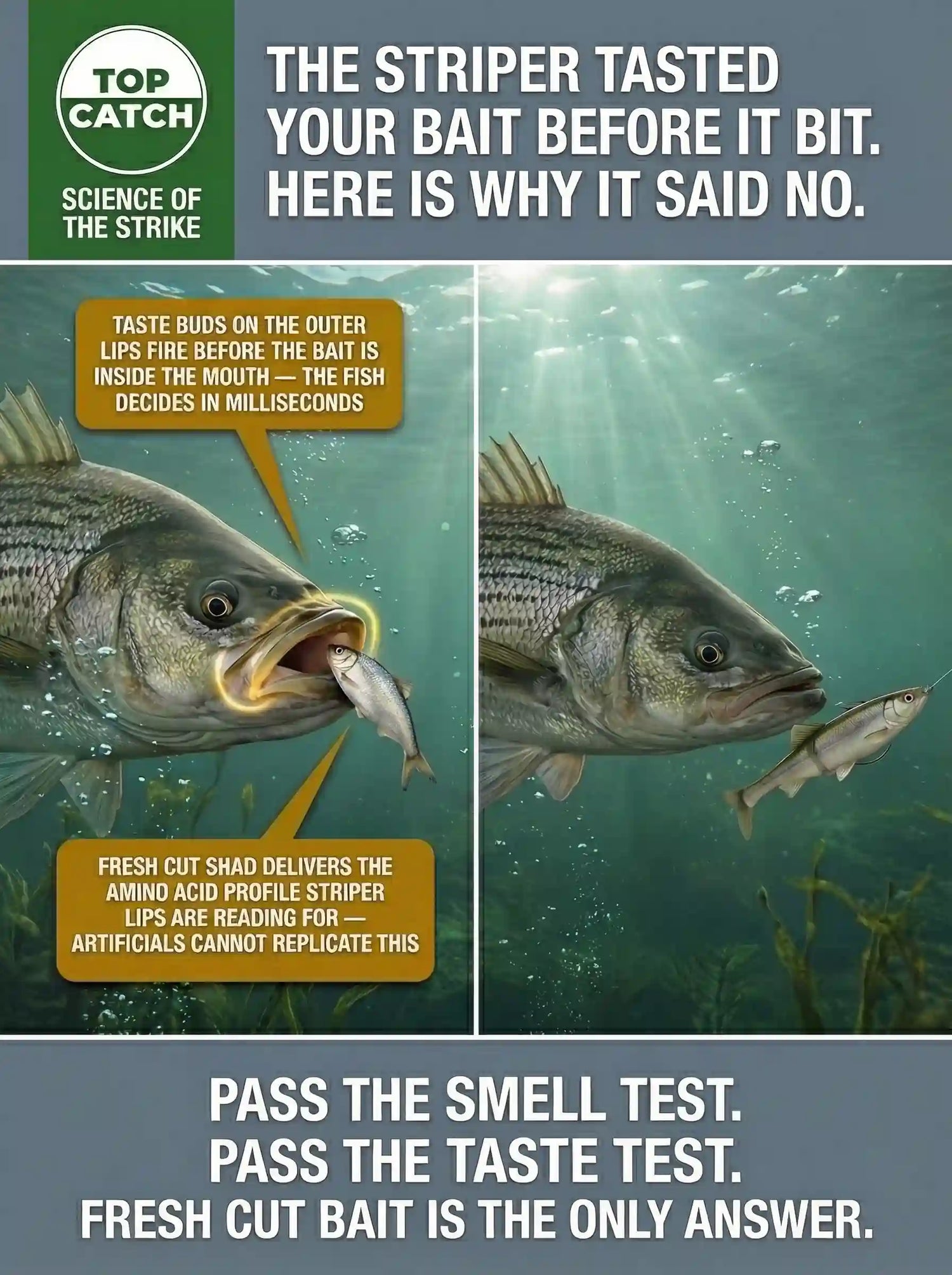 Science of the Strike infographic showing striped bass taste receptor biology — outer lip taste buds making final strike decision, split frame comparing fresh cut shad commitment versus plastic swimbait lip-drop rejection in tidal river current.