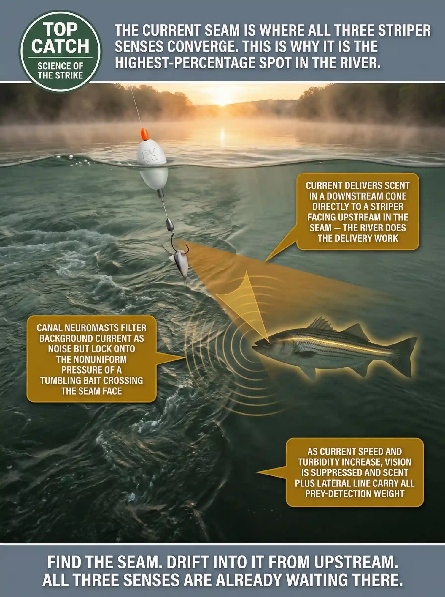 Science of the Strike infographic showing how tidal river current reshapes all three striped bass hunting senses simultaneously at a current seam — scent cone, lateral line detection, and visual field converging at the seam edge where a drift rig presentation enters from upstream.