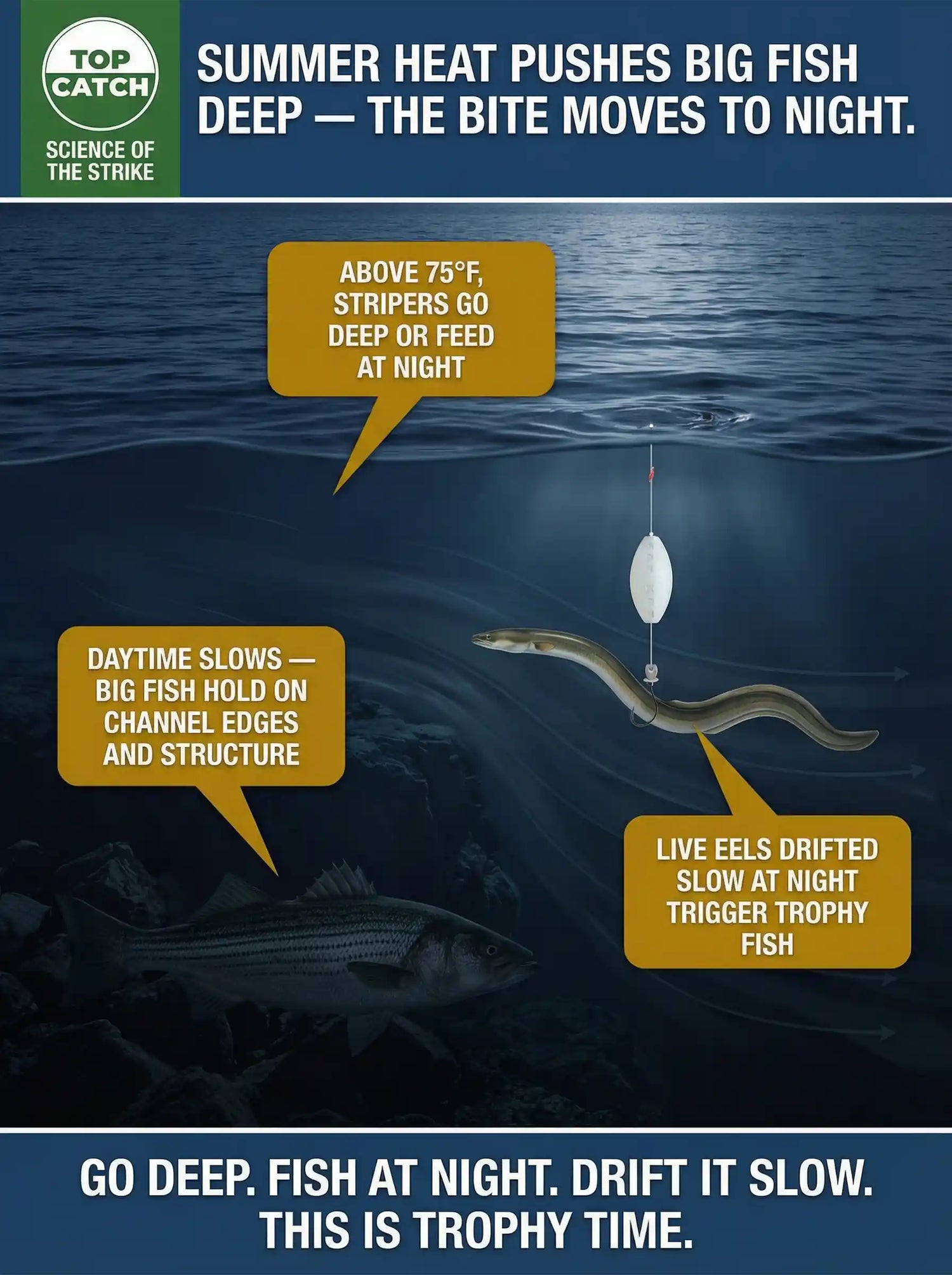 Striped bass hold deep at night in summer heat as a live eel drifts slowly through the current along a channel edge