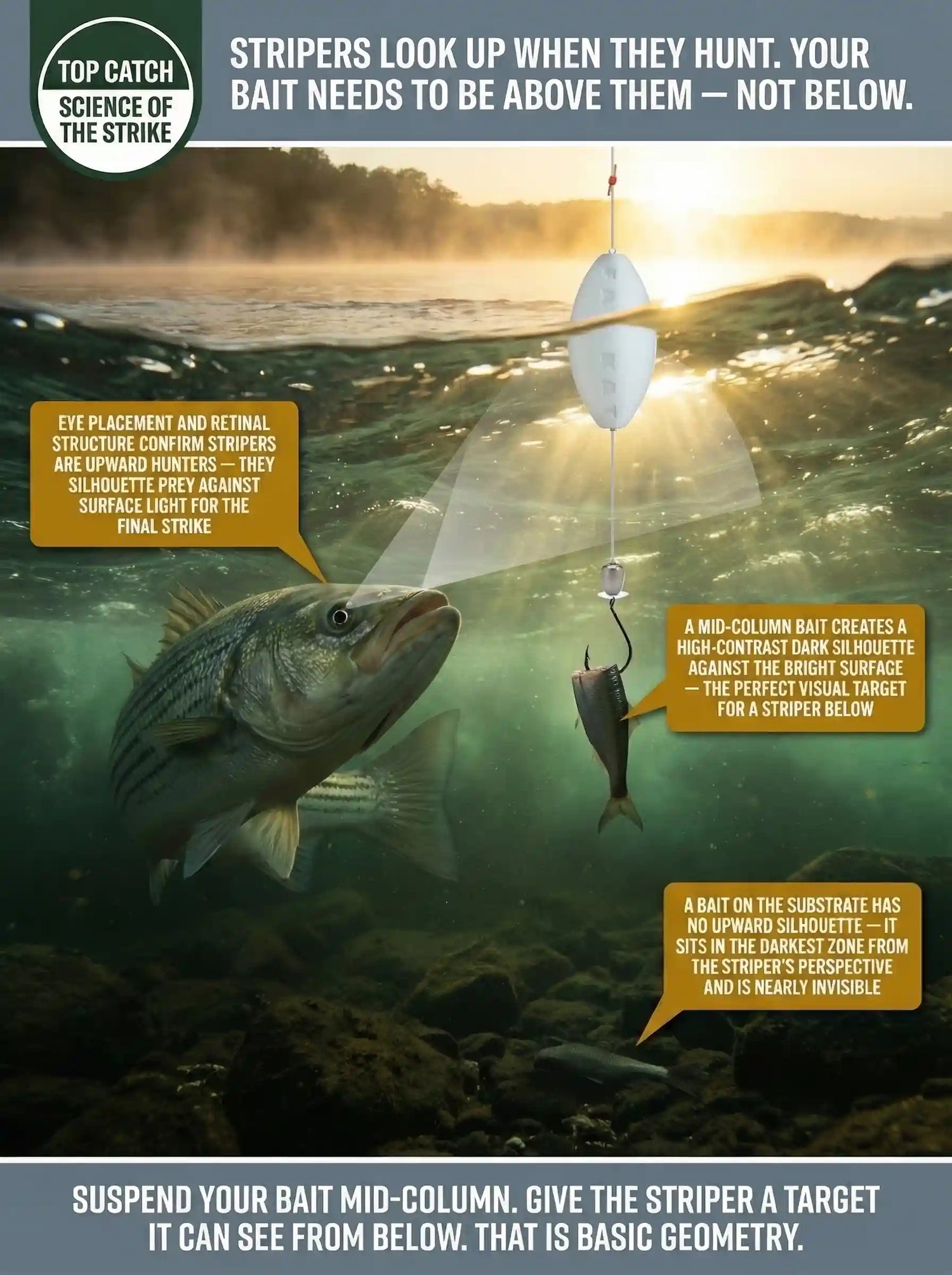 Science of the Strike infographic showing striped bass upward hunting orientation — mid-column drift rig bait silhouetted against surface light creating perfect visual strike target, contrasted with invisible bottom bait, with striper positioned below for upward strike in tidal river current.