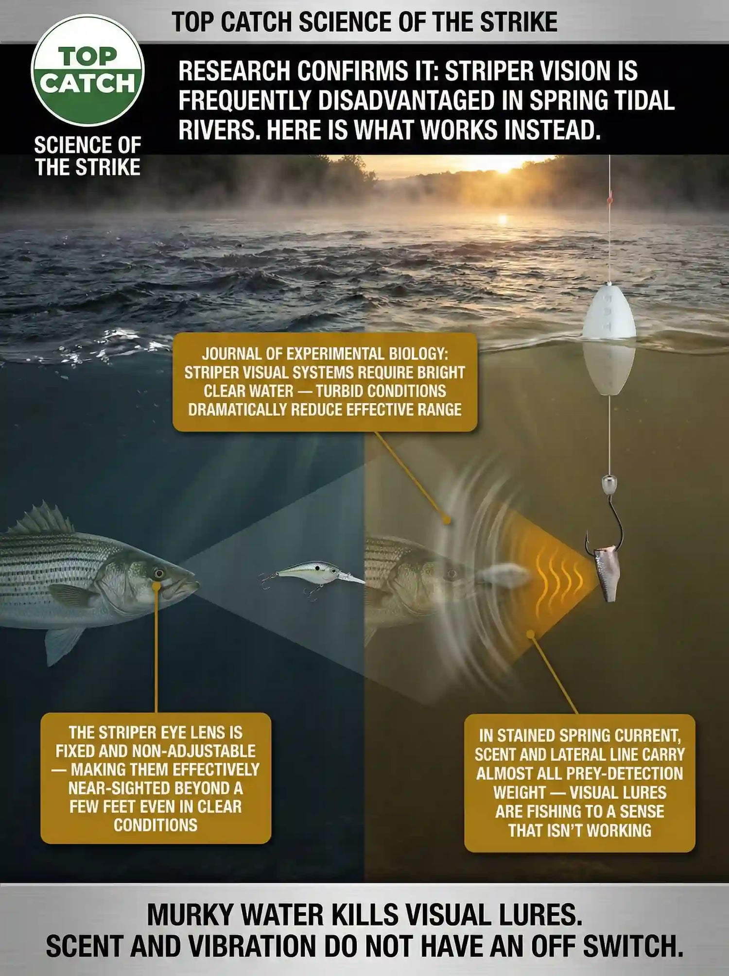 Science of the Strike infographic showing research-confirmed striper vision limitations in turbid spring tidal conditions — split frame comparing clear water visual range versus murky spring river conditions, with scent cone and lateral line active where vision fails.