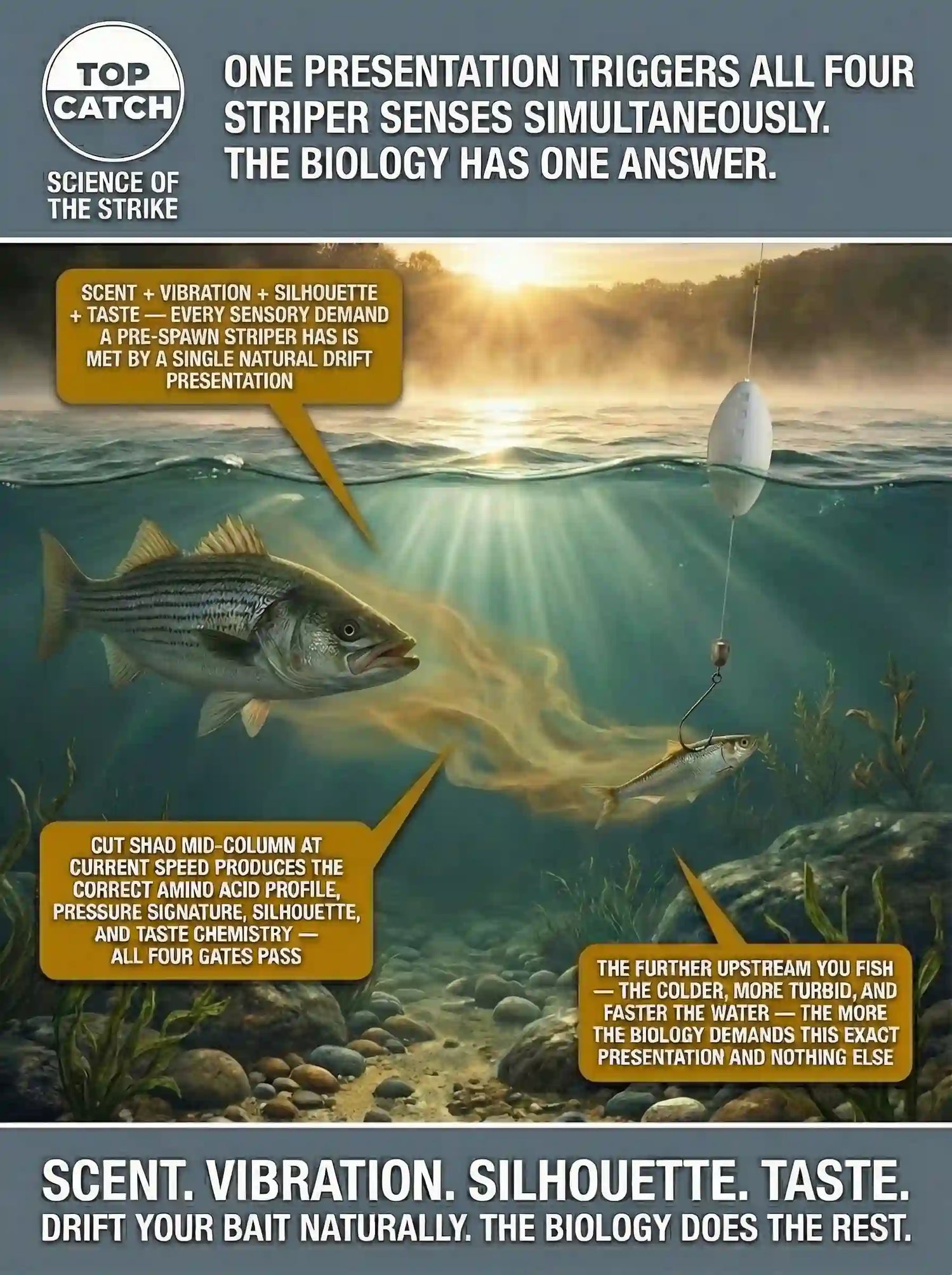 Science of the Strike infographic showing the complete biological presentation checklist for striped bass in tidal rivers — all four sensory systems simultaneously triggered by a naturally drifting mid-column cut shad presentation, with scent cone, lateral line pressure field, inner ear vibration rings, and surface silhouette all active around a drift rig in spring current.