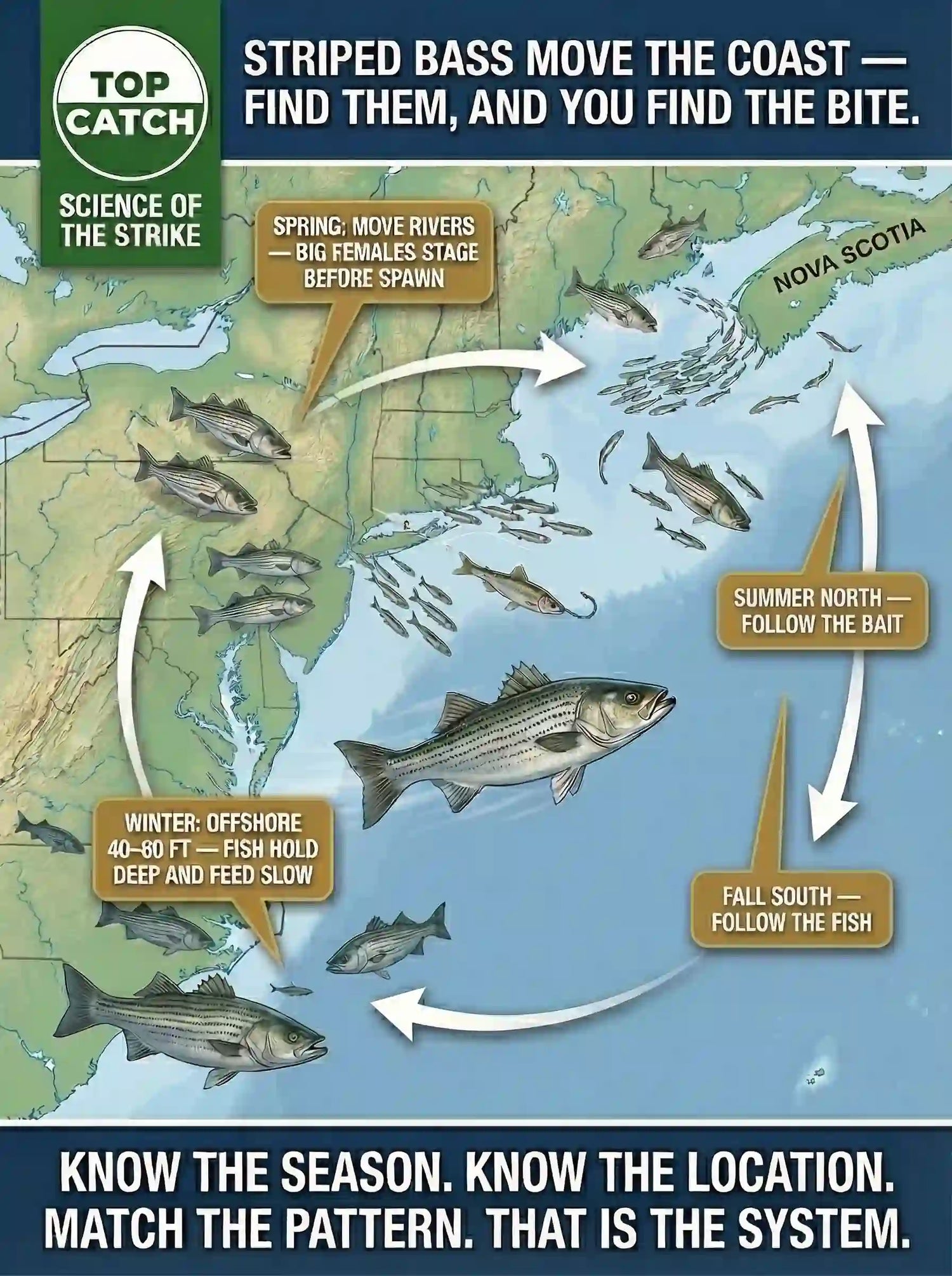 Map-style image shows striped bass migrating from offshore winter waters to rivers in spring, north in summer, and south in fall.