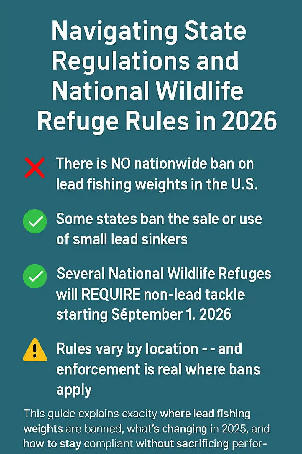 Infographic summarizing 2026 U.S. lead fishing weight regulations, including state bans, National Wildlife Refuge non-lead tackle rules, and enforcement details. Highlights no nationwide ban, state-specific restrictions, and refuge compliance starting September 1, 2026