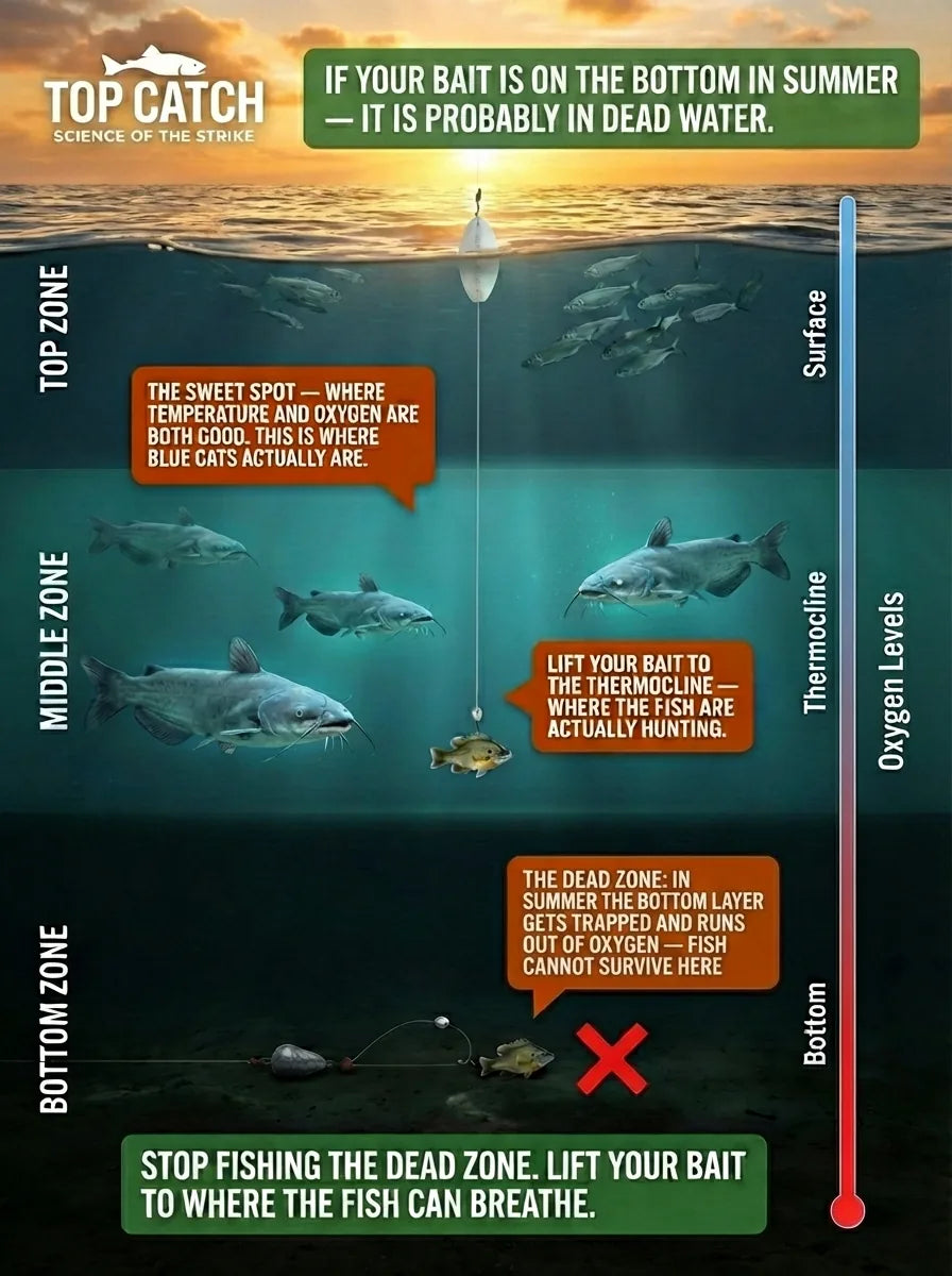 Infographic of deep fresh waters and the difference in oxygen levels at the various layers showing where fish will find your bait in the thermocline