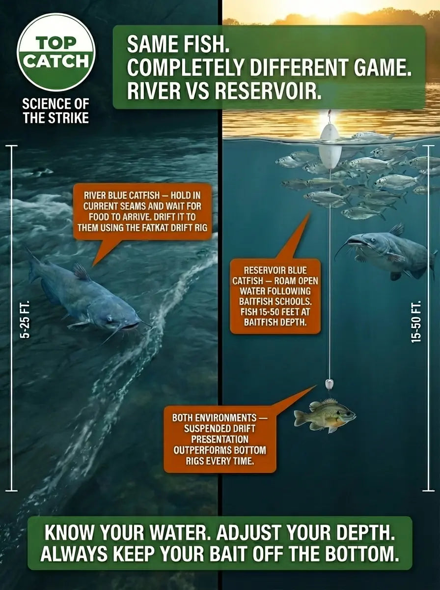 Infographic showing the difference between blue catfish river vs reservoir blue catfish in the summer