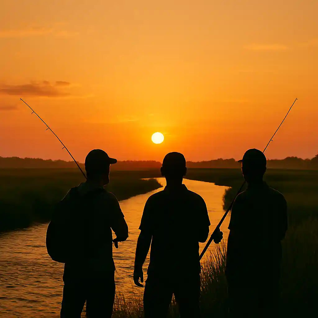 Fishing friends admiring the sunset after a great day of catching catfish  using sustainable fishing practices