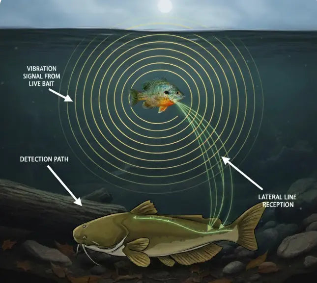 Catfish detecting bait using water vibrations before smell or sight