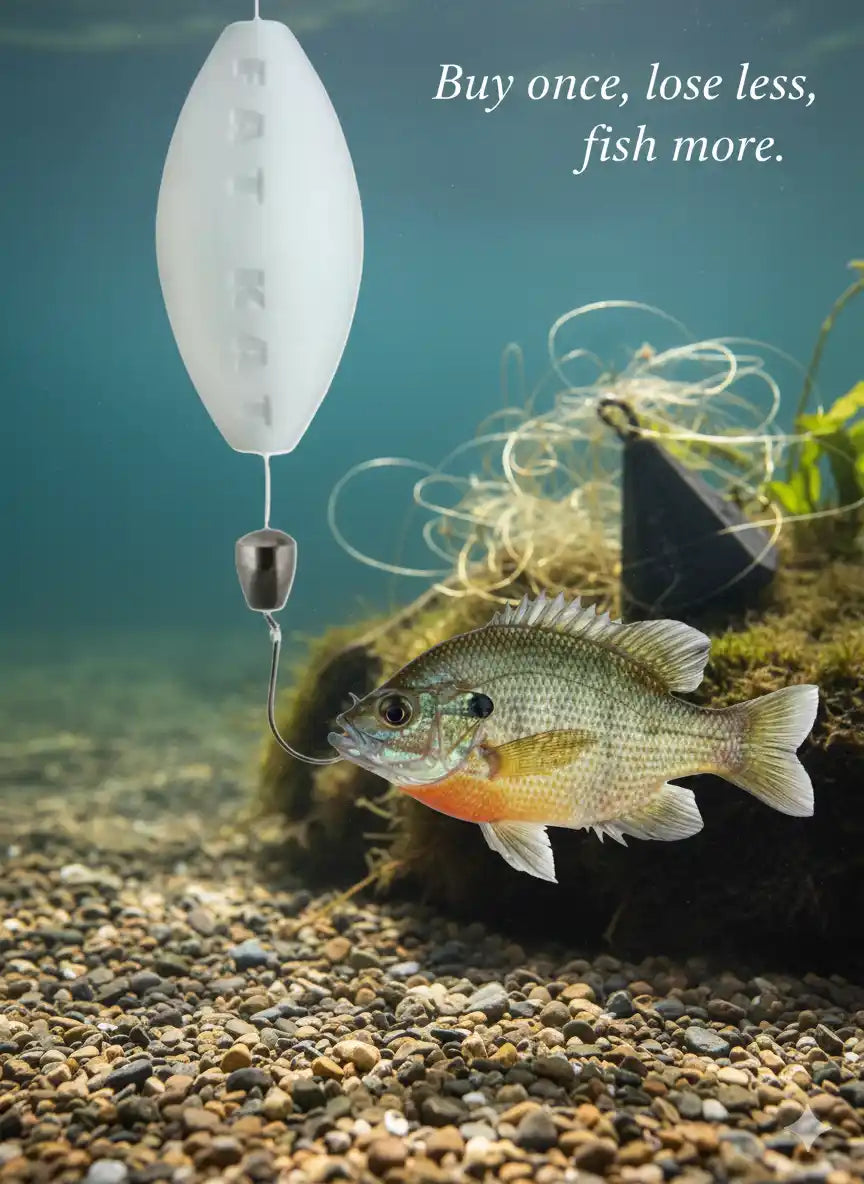 Comparison of a snagged bottom fishing rig versus a snag-resistant FATKAT rig in high-flow river conditions with debris.