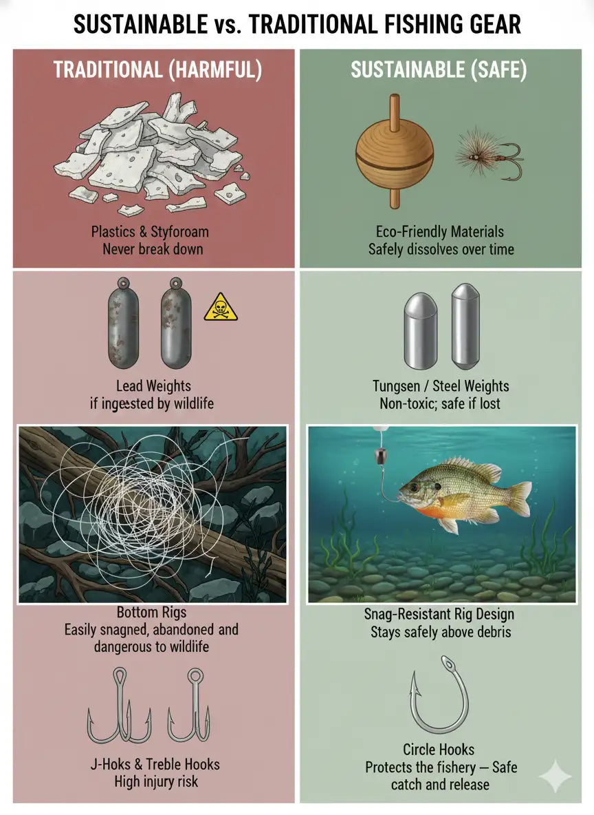Infographic showing the environmental hazards of traditional recreational fishing gear versus those that are eco-friendly
