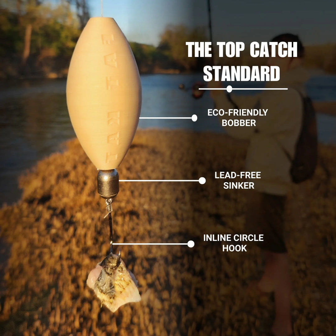 An image of a professional catfish setup, the FATKAT Drift Fishing Rig, with pretied components, including inline eco friendly bobber, circle hook, inline non toxic steel weight, and  leader